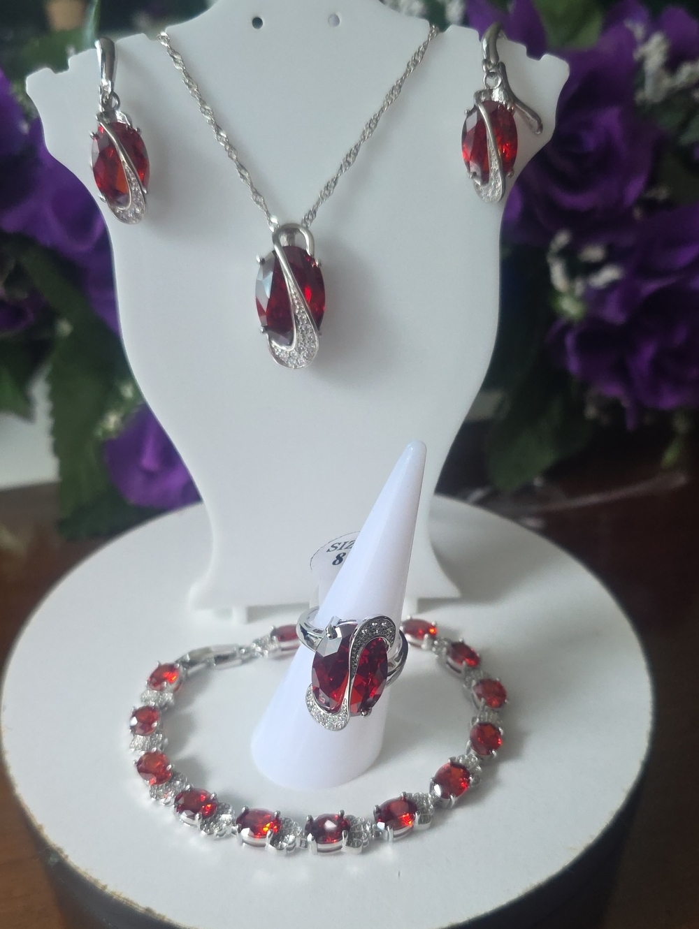 Women's Red Crystal Jewelry Set - Elegant Necklace, Earrings, Bracelet & Ring